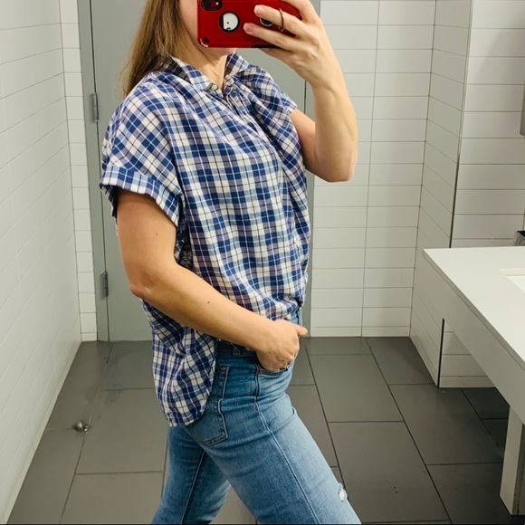 Madewell plaid open back baggy shoulder denim top - Picture 4 of 8